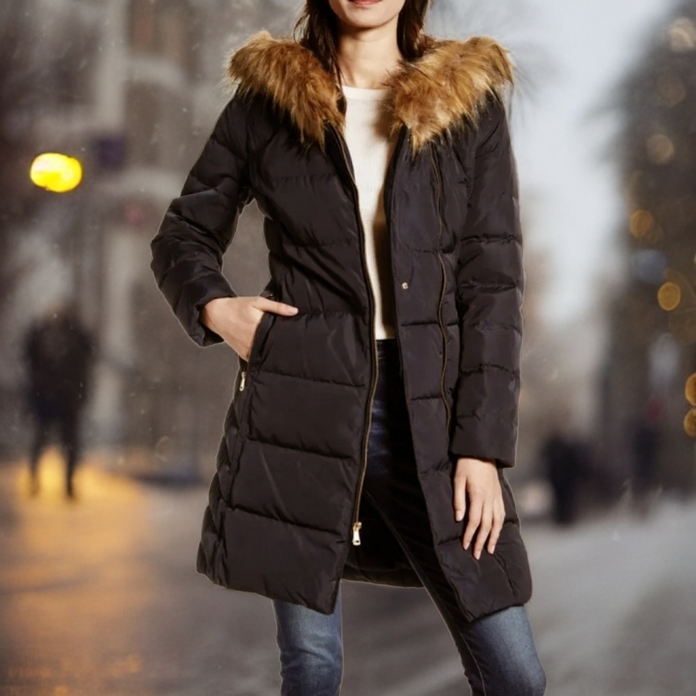 COLE HAAN Signature Quilted Down Duvet Puffer Jacket Coat with Faux Fur